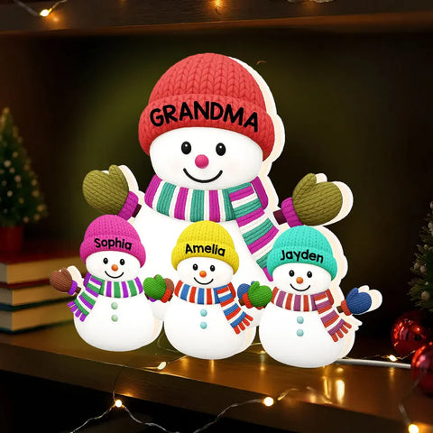 3D Effect Heartwarming Christmas Grandma Grandkids Snowman Together - Personalized Light Box - Gift For Grandmas