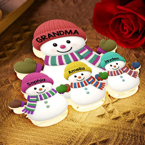 3D Effect Heartwarming Christmas Grandma Grandkids Snowman Together - Personalized Light Box - Gift For Grandmas
