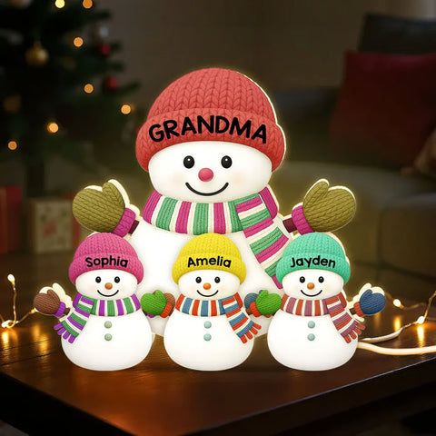 3D Effect Heartwarming Christmas Grandma Grandkids Snowman Together - Personalized Light Box - Gift For Grandmas